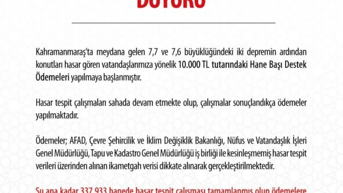 AFAD, konutları hasar gören depremzedelere 10 bin lira destek ödemesi başlatıldığını duyurdu