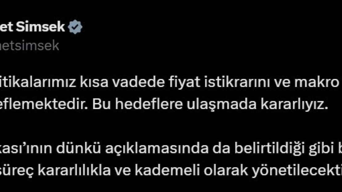 Bakan Şimşek: '(İstikrar) Süreç kararlılıkla ve kademeli olarak yönetilecektir'