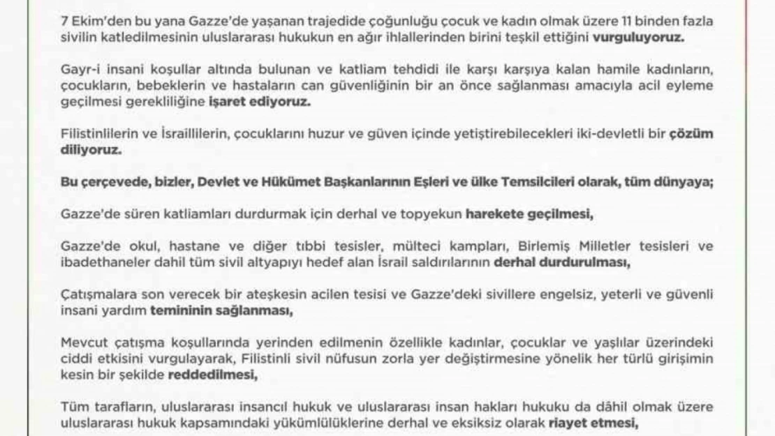 Emine Erdoğan:  'İsrail ateşiyle sınanan tüm mazlumların güvene ve hak ettikleri barışa ulaşmaları için kararlılıkla mücadeleye devam edeceğiz'