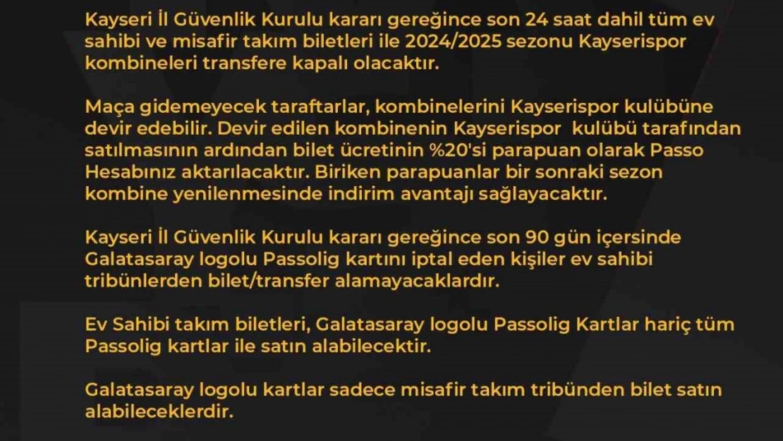 Kayserispor - Galatasaray maçı bilet fiyatları belli oldu