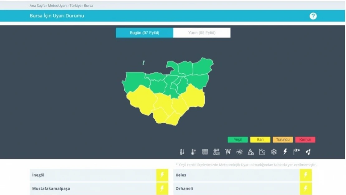 Meteoroloji'den Bursa'nın 6 ilçesi için sarı uyarı