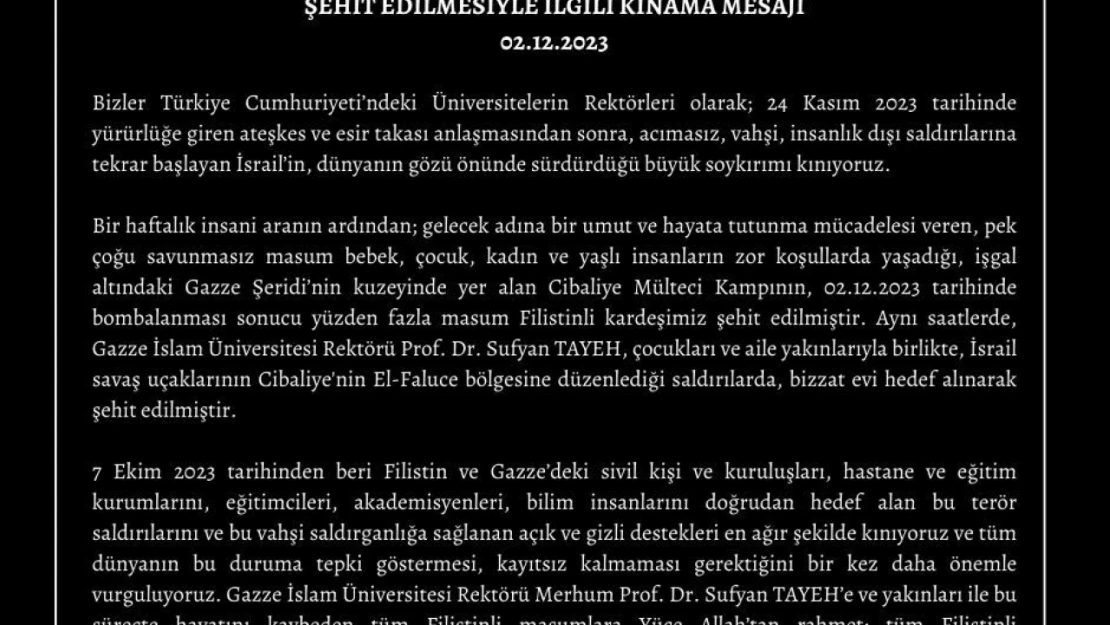 Üniversite rektörlerinden Gazze İslam Üniversitesi Rektörü Tayeh'in öldürülmesine kınama