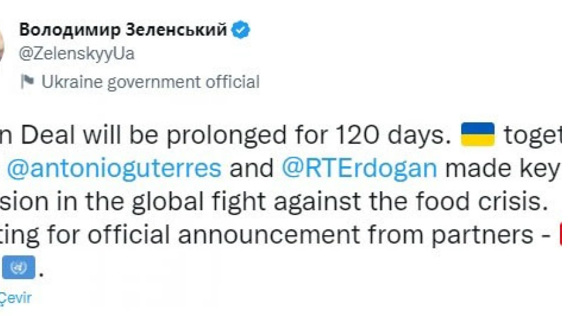 Zelenskiy: &quotTahıl anlaşması 120 gün uzatılacak"