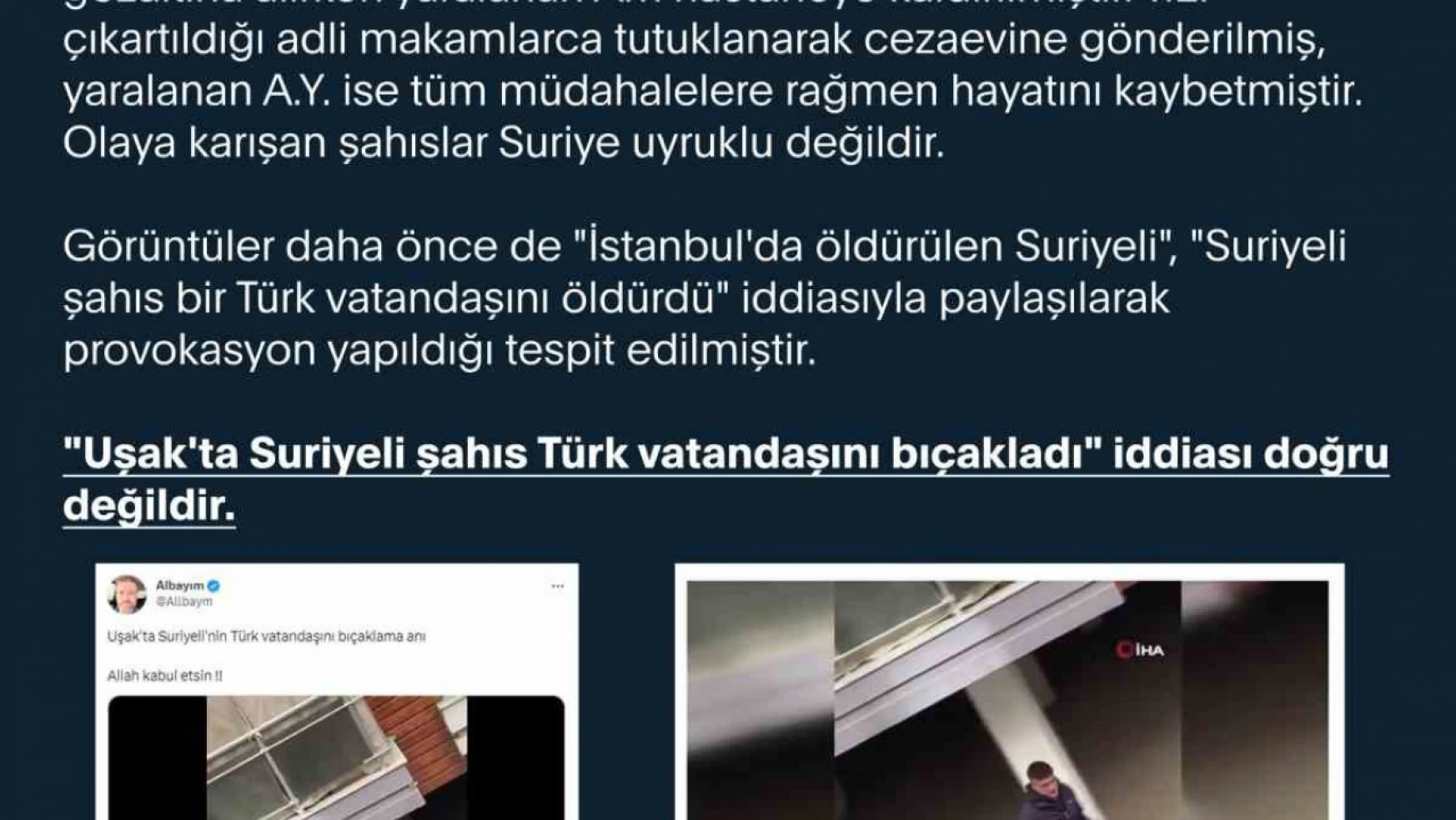 İletişim Başkanlığından Uşak'ta Suriyelilerin Türk vatandaşını bıçaklaması haberlerine yalanlama