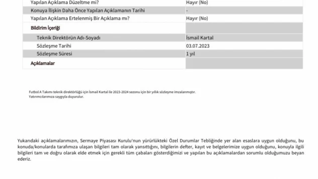 Fenerbahçe, Teknik Direktör İsmail Kartal'la 1 yıllık sözleşme imzalandığını Kamuyu Aydınlatma Platformu'na bildirdi.