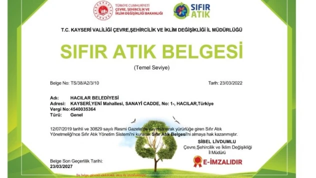 Hacılar Belediyesi sıfır atık belgesi aldı
