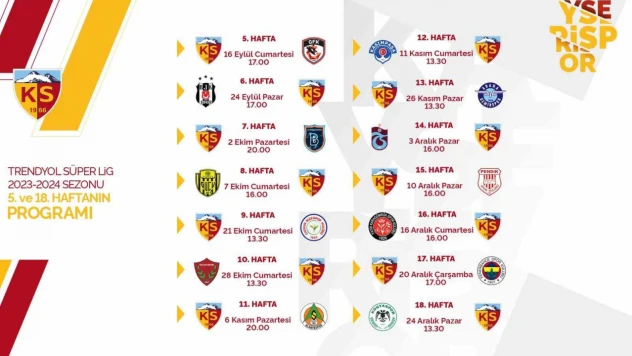 Kayserispor'un 14 haftalık maç programı belli oldu