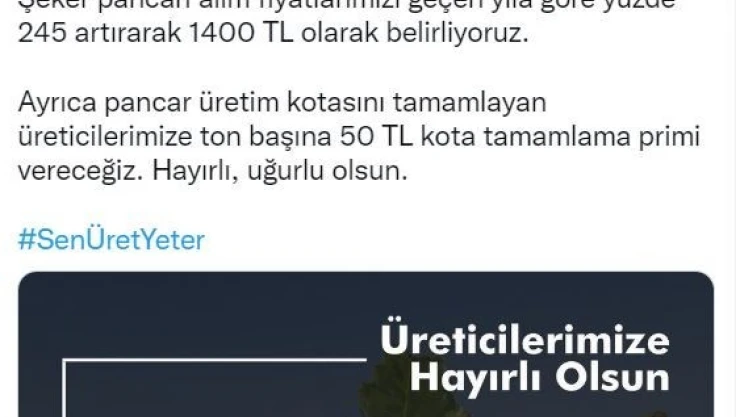 Bakan Kirişci: Şeker pancarı alım fiyatlarımızı geçen yıla göre yüzde 245 artırarak bin 400 TL olarak belirliyoruz