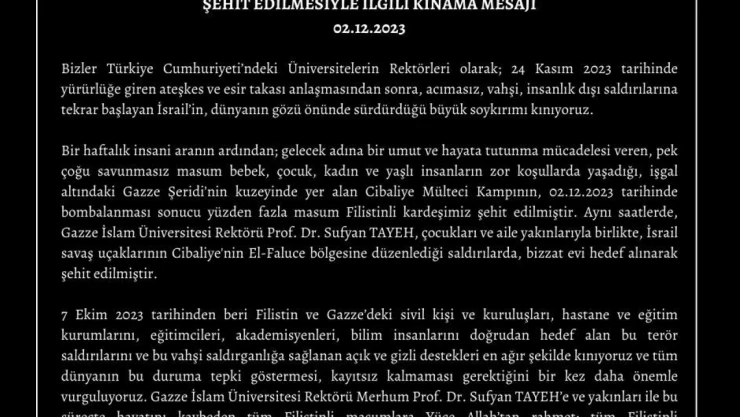 Üniversite rektörlerinden Gazze İslam Üniversitesi Rektörü Tayeh'in öldürülmesine kınama